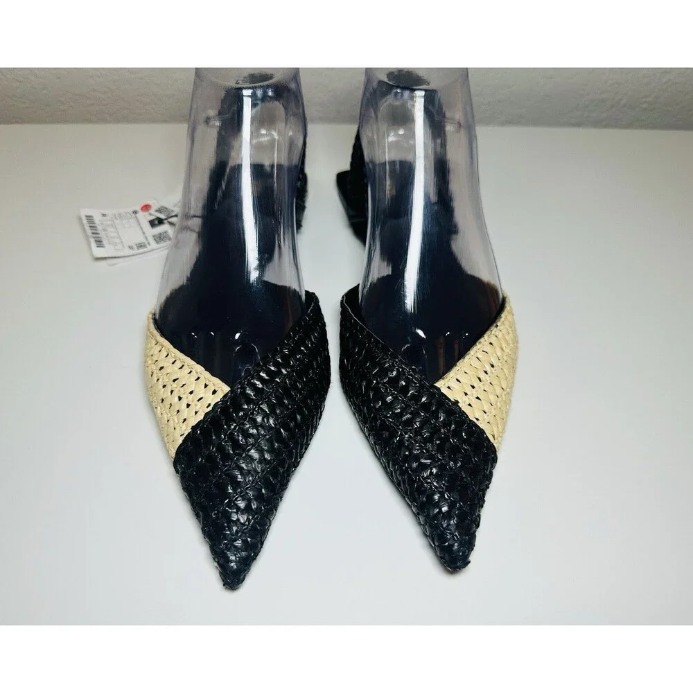 ZARA‎ Woven Rafia Pointed Toe Black Tan Slingback Flat Sandal Women US 7.5 NEW - Picture 5 of 12